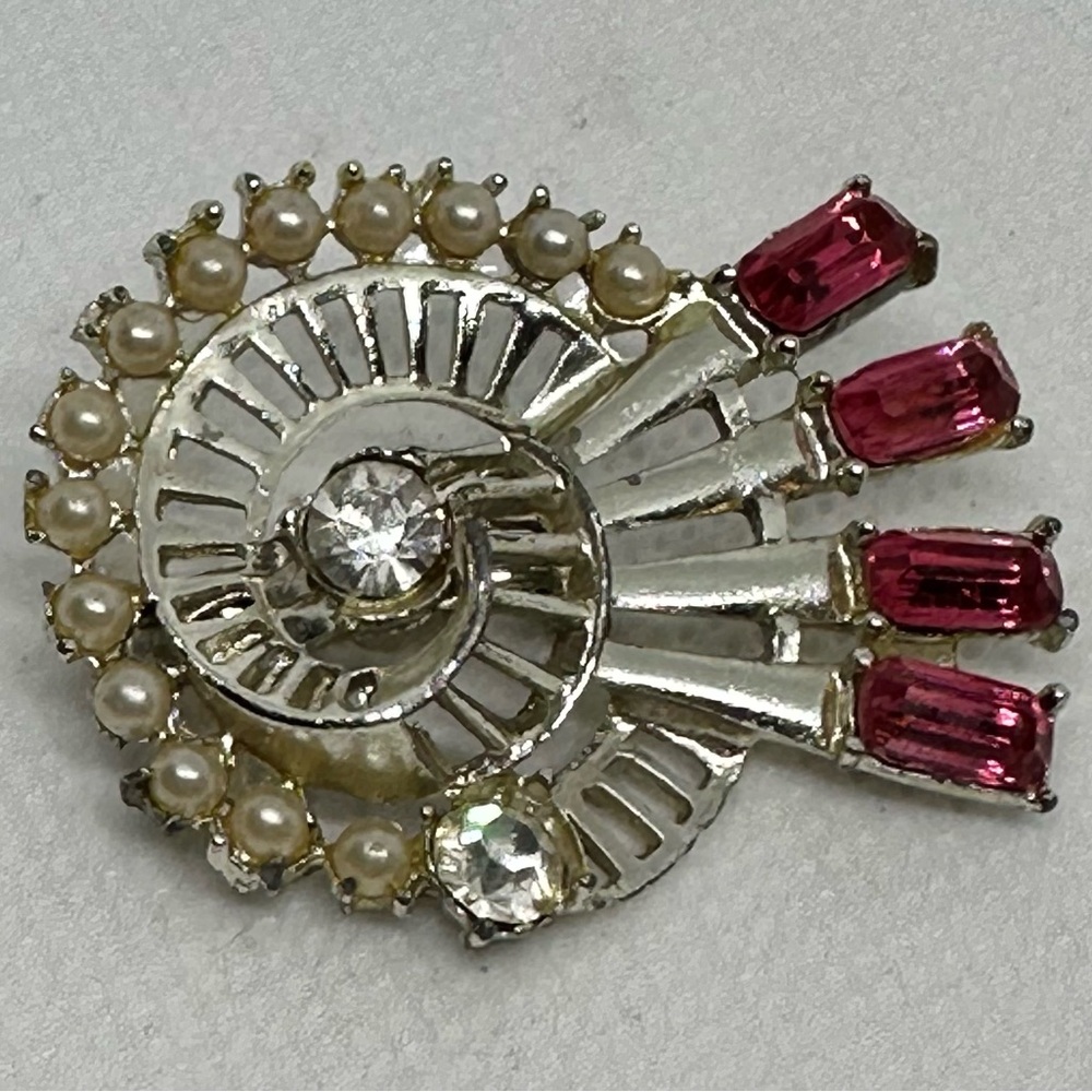 Vintage Pearl Clear & Red Rhinestone Brooch